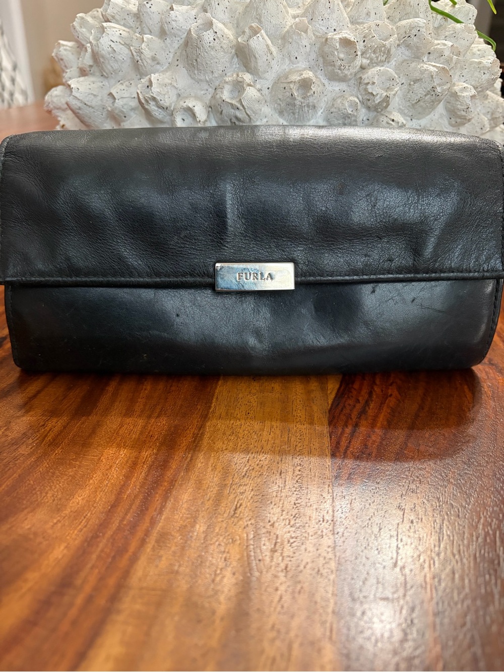 Furla Black grained Leather Wristlet Clutch with Many compartments